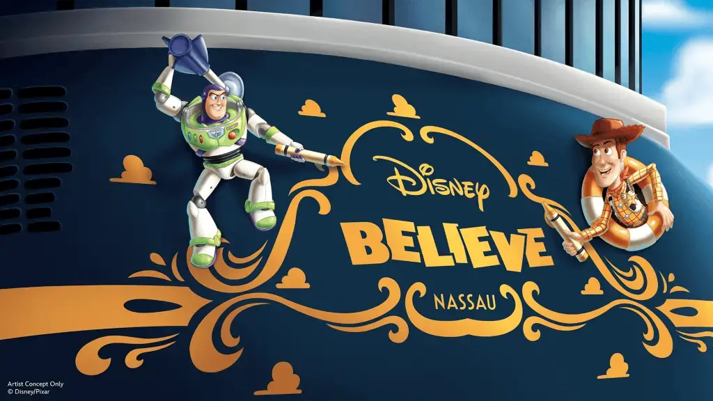 A rendering of Buzz Lightyear and Woody on the stern of the Disney Believe as they write the name on the ship in crayon.